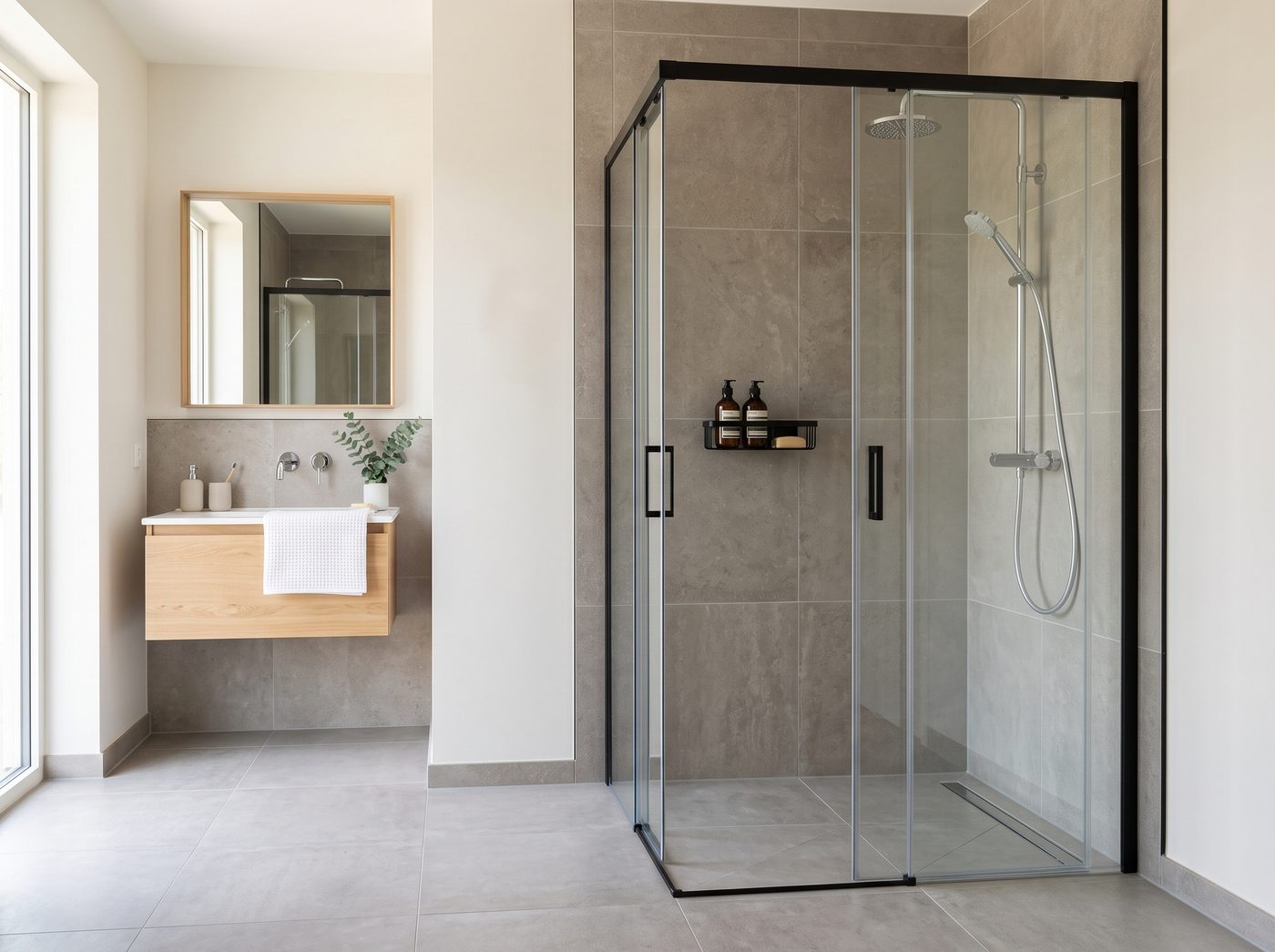 Baño con cancel de cristal templado y perfilería negra