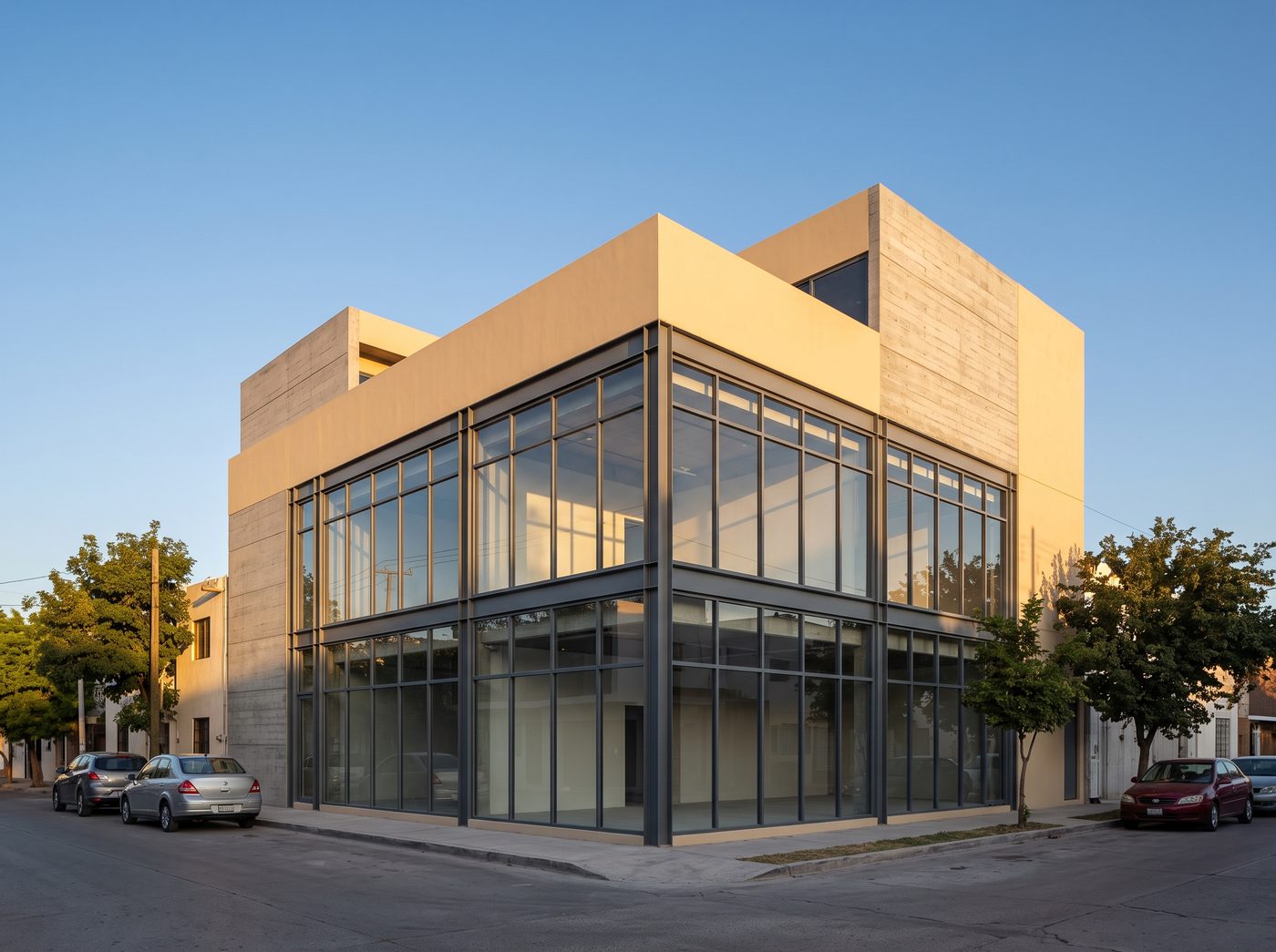 Fachada de local comercial con muro cortina de aluminio gris