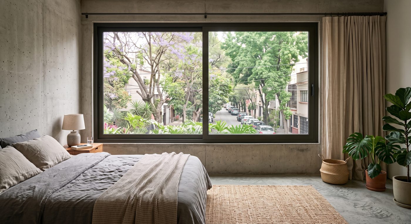 Recámara con ventana corrediza de aluminio antracita y vista a una calle con jacarandas