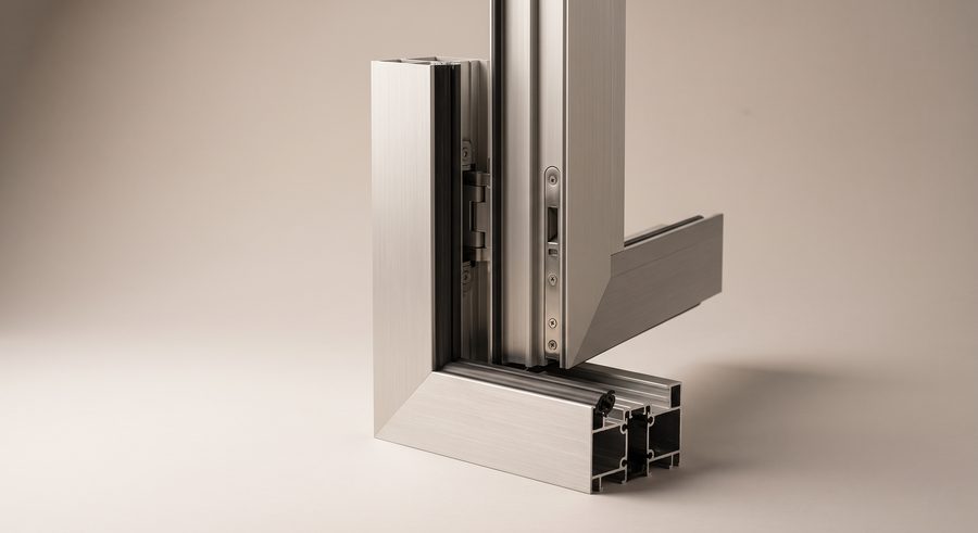 Corte de esquina de una puerta abatible de aluminio con bisagra oculta y placa de cerradura